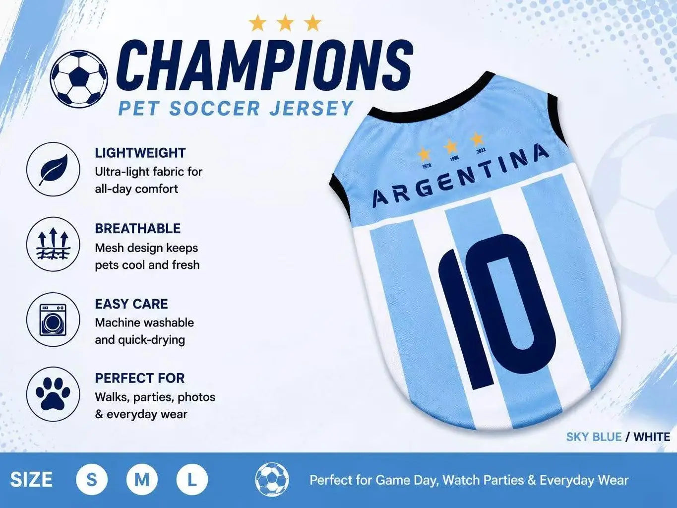Pet Soccer Jersey Outfit - Cute Game Day Pet Shirt for Small, Medium Dogs & Cats Clothes